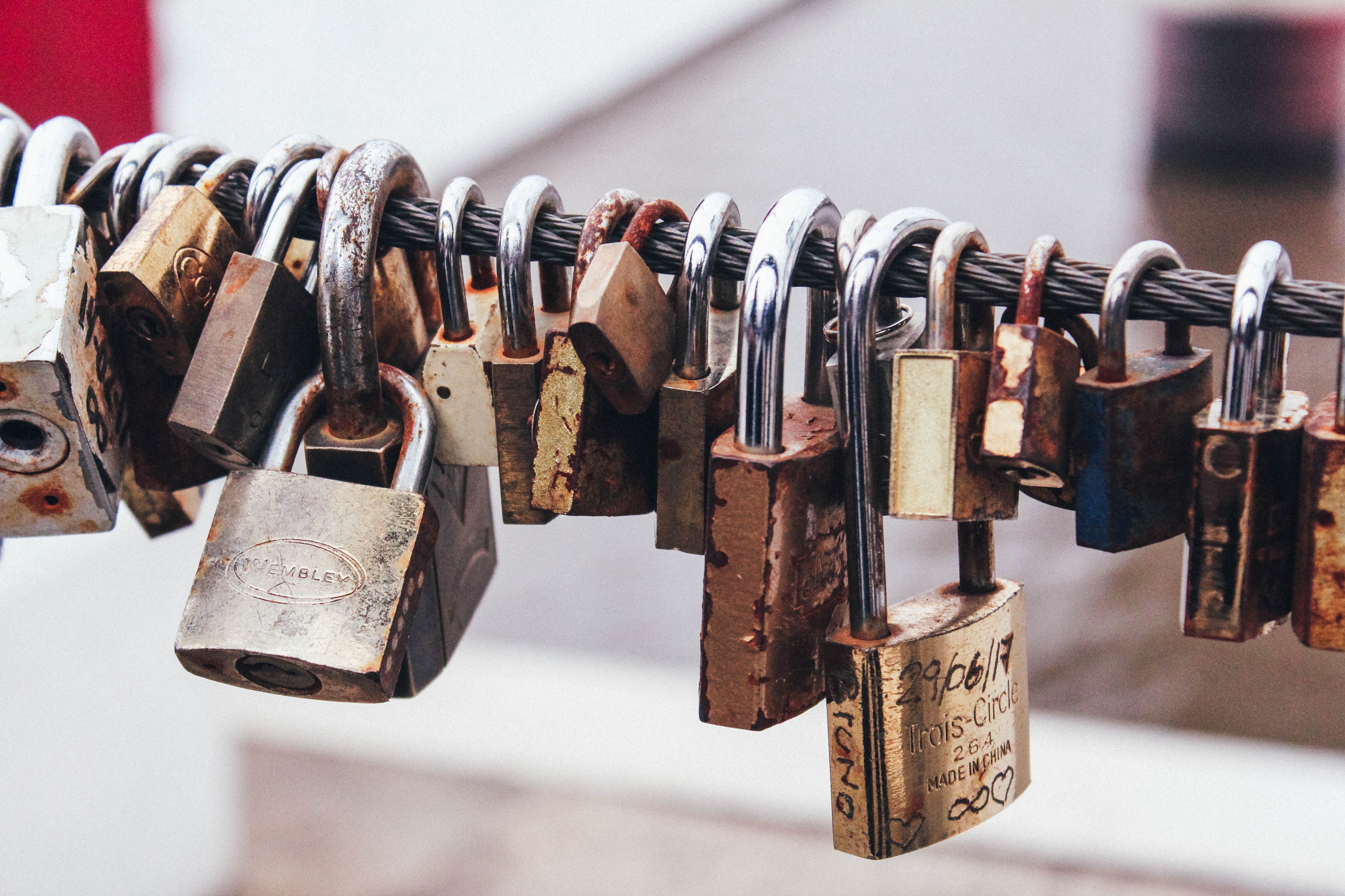 A close-up of a series of padlocks